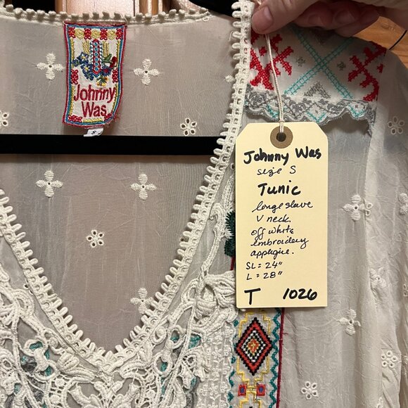 Johnny Was Embroidered Boho Applique Tunic Off White Sheer V-Neck Size S Small - Picture 5 of 5